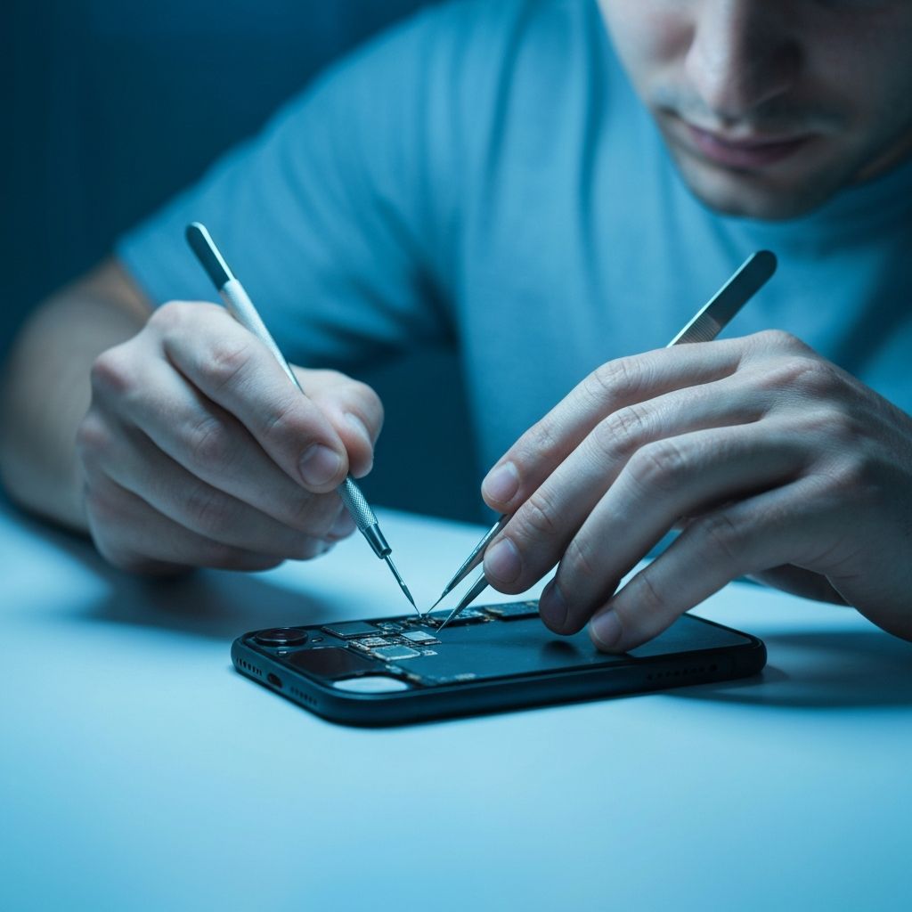 Técnico realizando reparo em iPhone com ferramentas de precisão